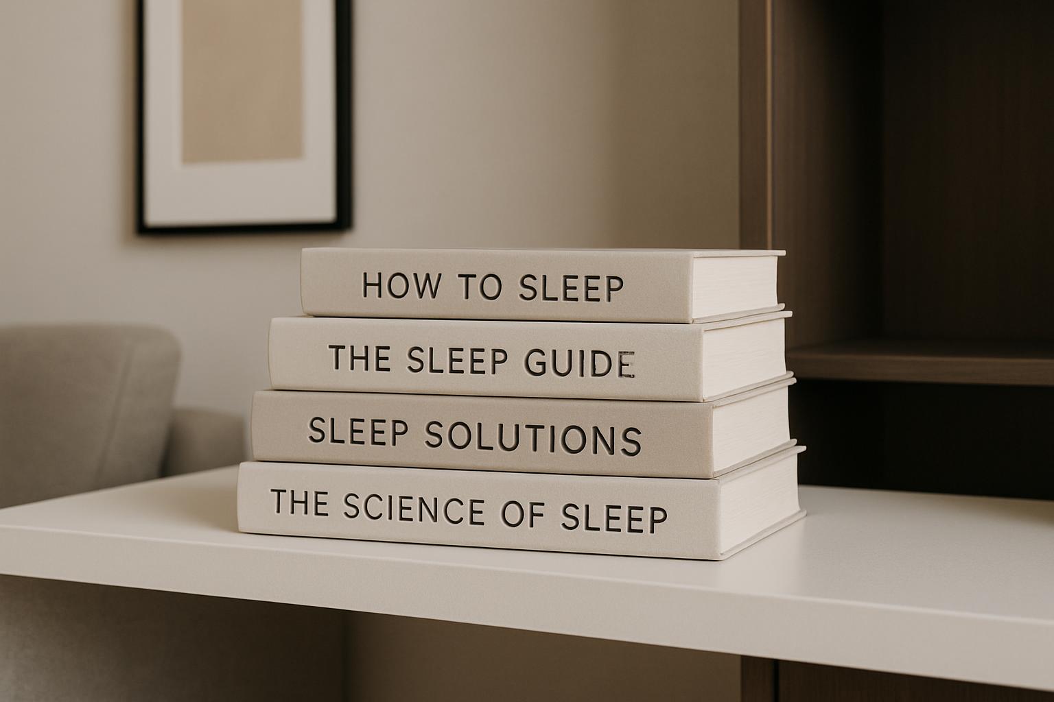 A stack of four off-white books with black text, titles: How to Sleep, The Sleep Guide, Sleep Solutions, The Science of Sl...