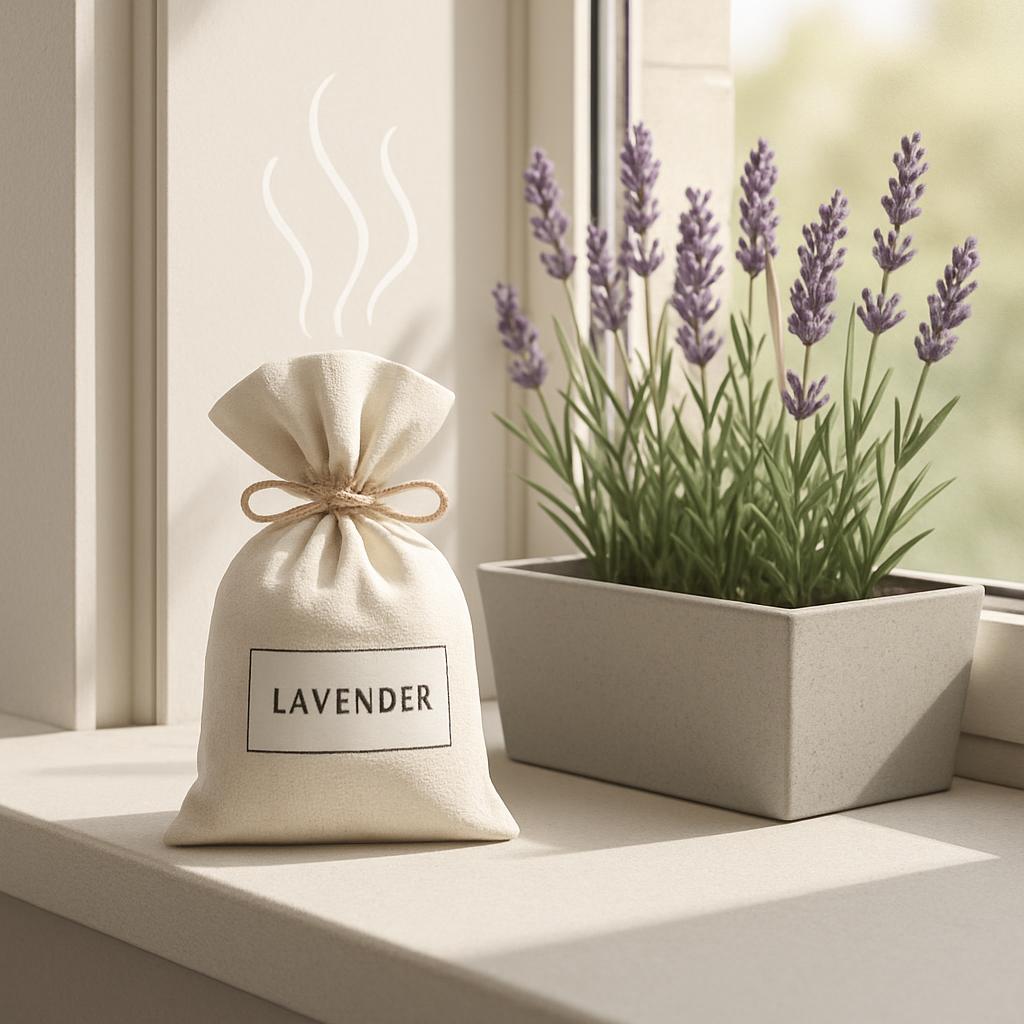 A white cloth bag tied with twine, stamped with "LAVENDER", sits next to a steaming potted lavender plant atop a white win...